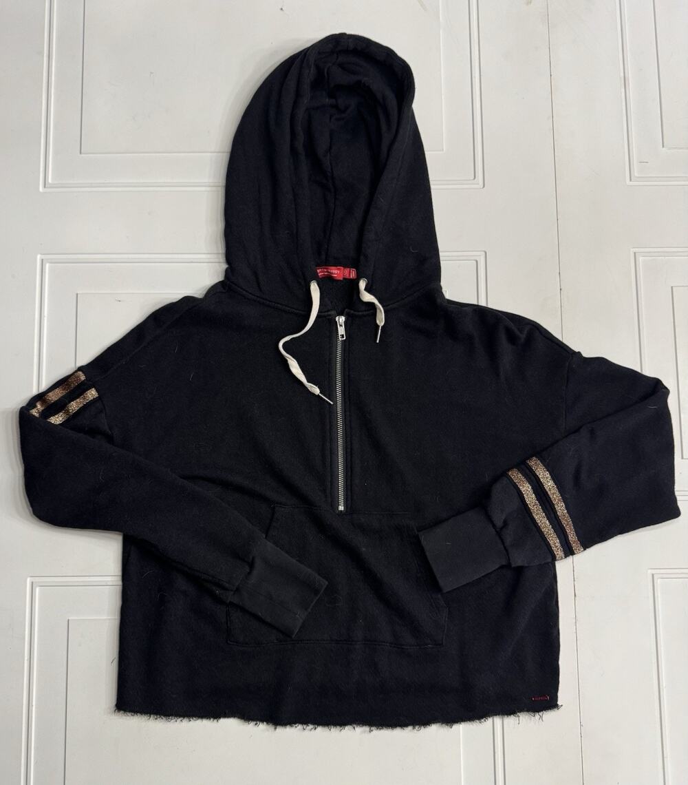 n: Philanthropy Womens Sz M Abbie Half-Zip Hoodie Hooded Sweatshirt Black Gold